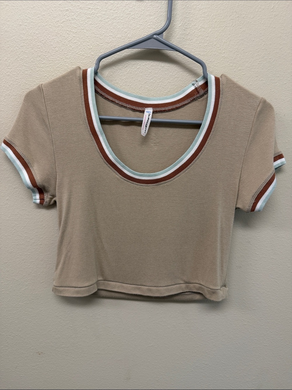 Free People Taupe Cropped Ringer Tee with Rust & Light Blue Trim